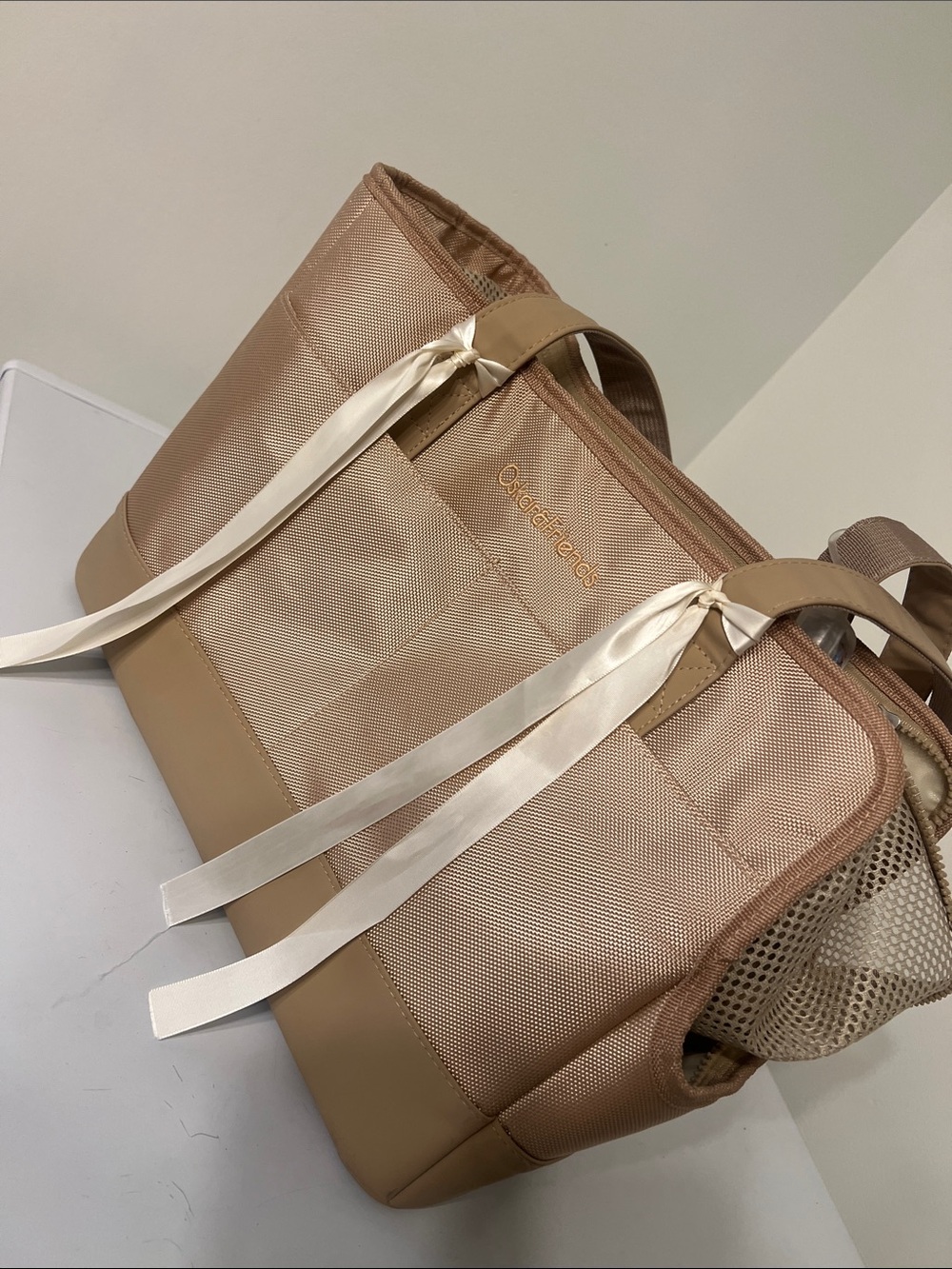 Beige Dog Tote with Satin Ribbon Accents
